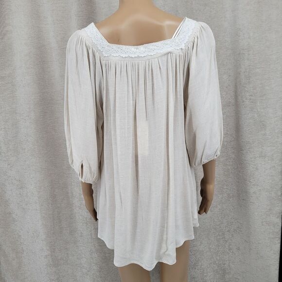 Allie Rose Linen Blend Peasant Blouse Top Beige Oatmeal White Crochet Lace NEW - Picture 5 of 11